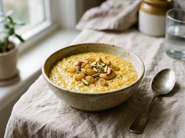 Golden yellow turmeric rice pudding in a ceramic bowl garnished with plump raisins and toasted cashews.