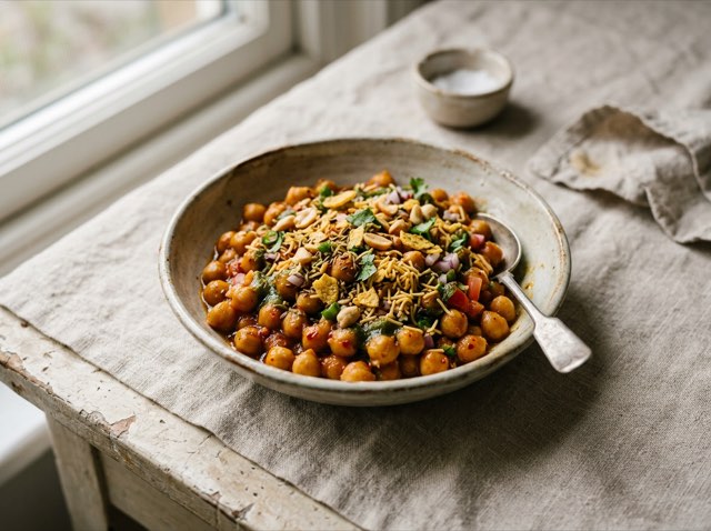 Indian spiced chickpea chaat tossed in rich tomato dressing, topped with crushed jalapeño crisps.