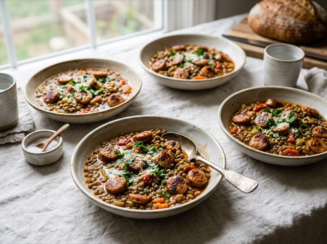 Sliced browned chicken sausage nestled in a rich cherry tomato and garlic sauce in shallow ceramic bowls.