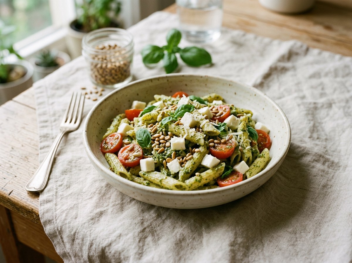 Italian pesto penne salad with creamy diced mozzarella and toasted sunflower seeds in a white ceramic bowl.