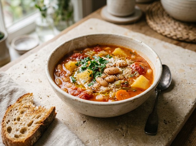 A rustic bowl of red Italian tomato soup filled with creamy white beans, diced gold potatoes, and green herbs.