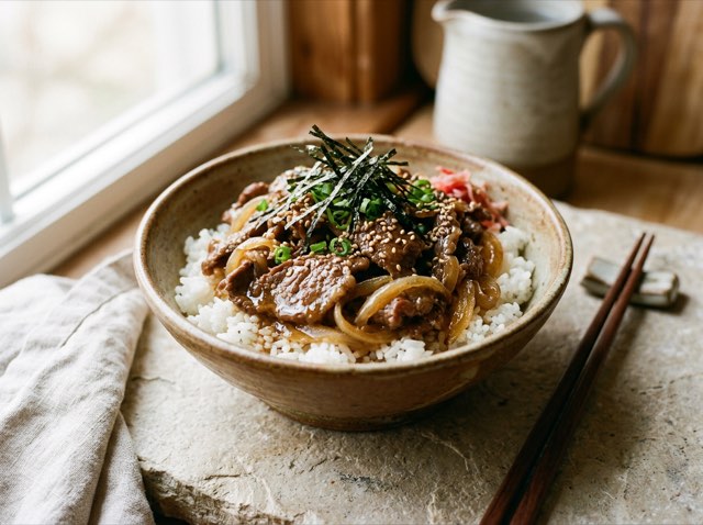 Japanese beef donburi bowl with sliced sirloin steak, savory sauce, steamed white rice, and shredded nori.
