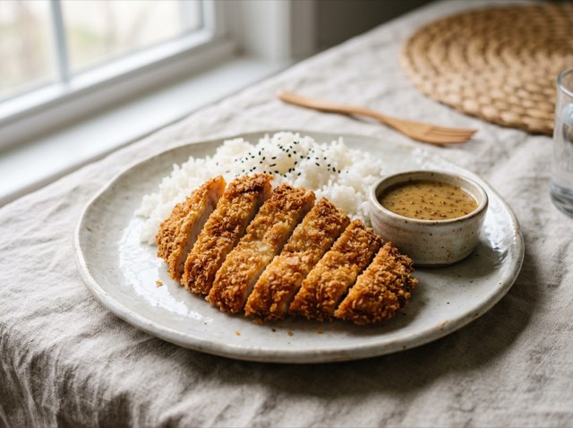 Golden sliced baked chicken katsu cutlet served over steamed jasmine rice with honey mustard sauce.