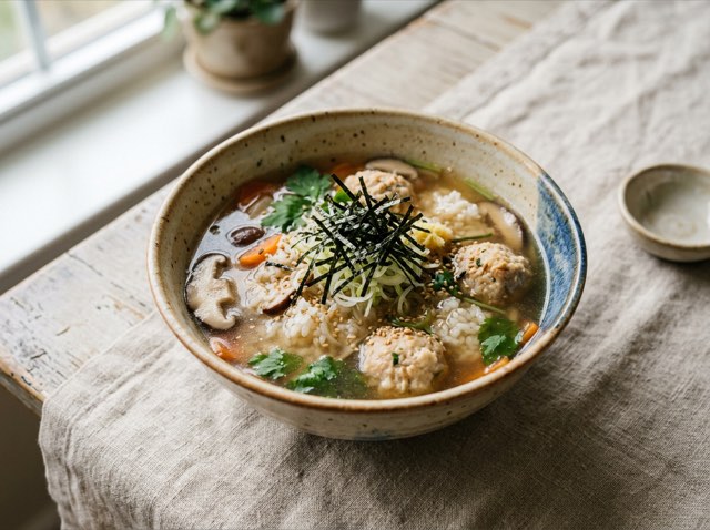 Japanese chicken meatball and rice soup in a ceramic bowl garnished with sliced nori ribbons.