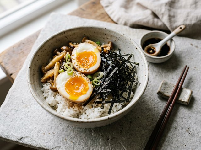 Japanese rice bowl with golden soft-boiled eggs, glazed mushrooms, and shredded nori.