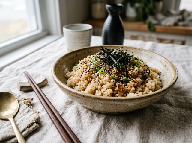 Fluffy buttered garlic jasmine rice tossed with savory coconut aminos and topped with crushed nori flakes.