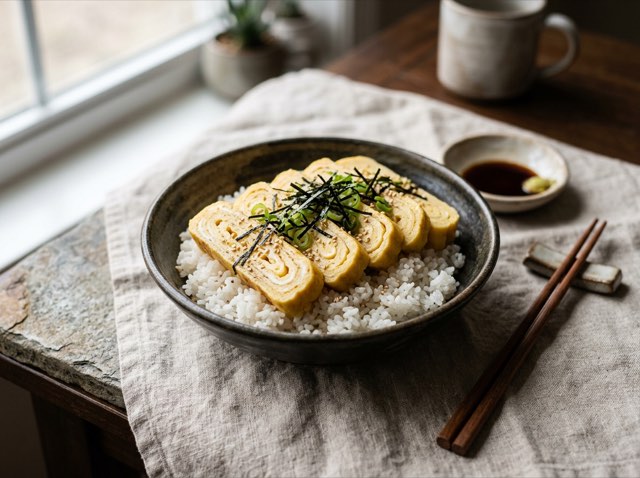 Sliced golden tamagoyaki rolled omelet arranged over a bowl of steamed white sushi rice with thin strips of nori.