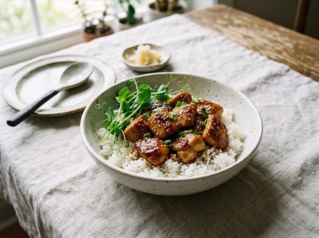 Glossy glazed chicken breast pieces served over fluffy white rice in a ceramic bowl.