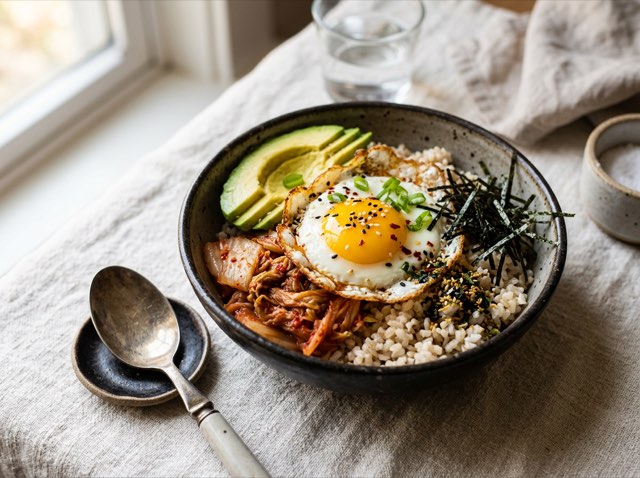 Korean kimchi brown rice bowl topped with a crispy fried egg, toasted nori strips, and drizzled avocado oil.
