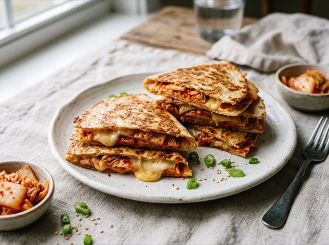 Golden-brown crisp kimchi cheddar quesadilla bite-sized wedges stacked on a ceramic plate with melted cheese oozing.