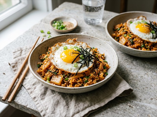 Kimchi fried rice in a ceramic bowl topped with a crispy-edged sunny-side-up egg and nori strips.