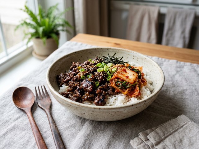Caramelized Korean ground beef over white jasmine rice in a bowl, flanked by vibrant kimchi.