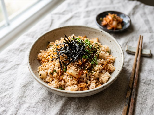 A bowl of seasoned white rice flecked with chopped red kimchi and topped with delicate strips of dark nori.