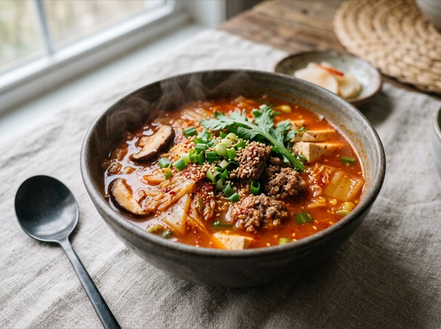 A bowl of rich red Korean kimchi beef soup with browned ground beef and cabbage in a rustic ceramic bowl.
