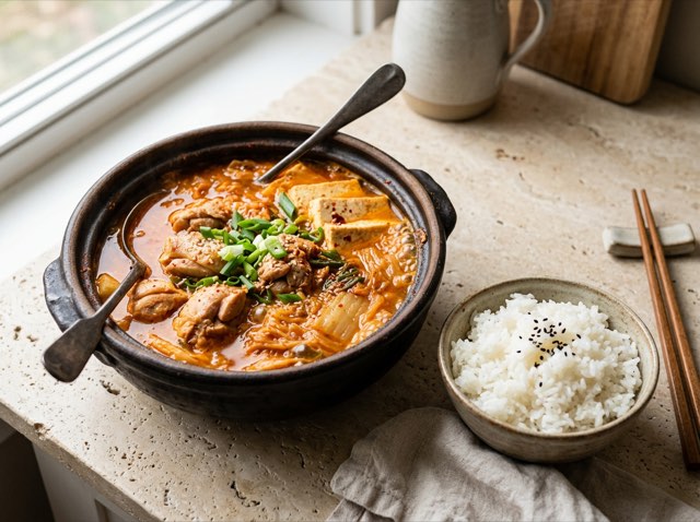 Fiery red kimchi chicken stew served in a ceramic bowl with tender chicken thighs, cabbage, and fluffy jasmine rice.
