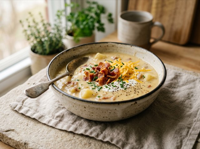 A bowl of creamy loaded potato soup topped with melted white cheddar cheese and freshly cracked black pepper.