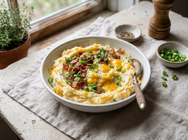 A ceramic bowl of creamy mashed potatoes loaded with melted white cheddar cheese and fresh cracked black pepper.