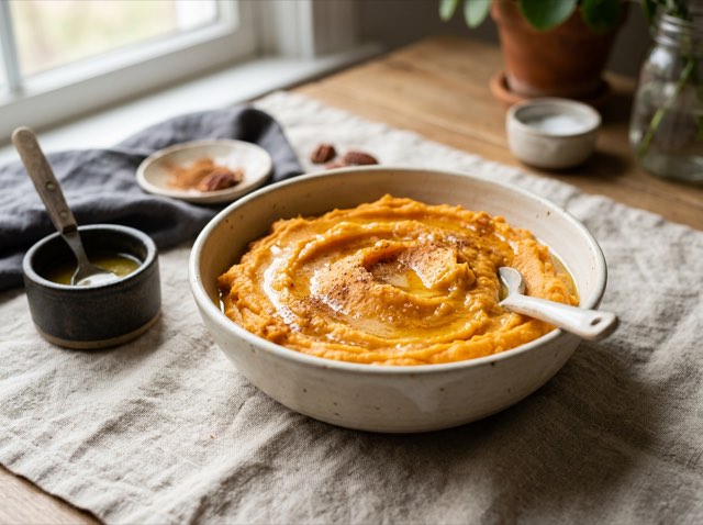 A shallow ceramic bowl of velvety mashed sweet potatoes drizzled with warm golden ghee and dusted with cinnamon.