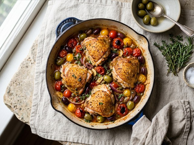 Golden crisp-skinned chicken thighs nestled in a rich cherry tomato sauce with sliced olives and lemon in a dark skillet.