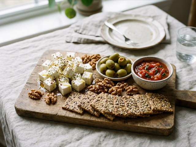 Mediterranean grazing board with feta cubes, stuffed olives, toasted walnuts, crackers, and warm tomato dip.
