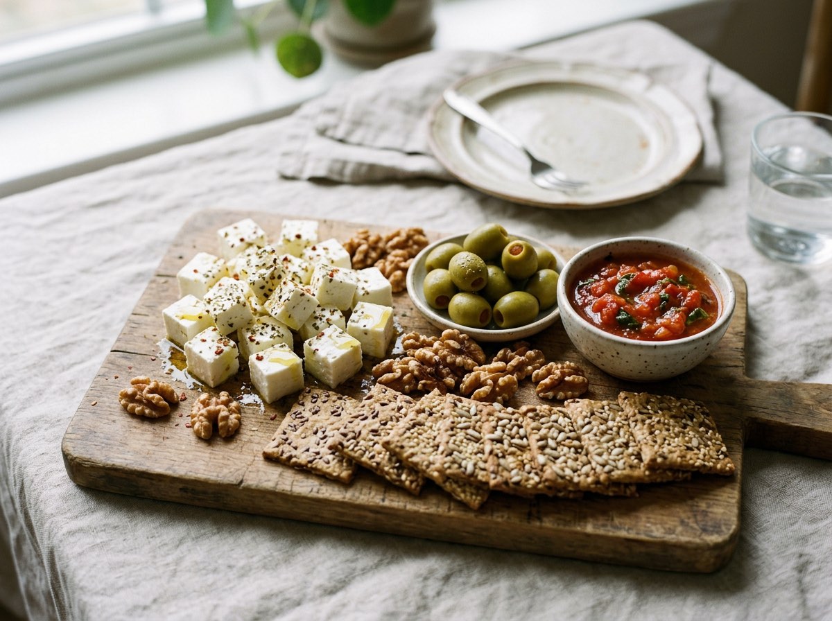 Mediterranean grazing board with feta cubes, stuffed olives, toasted walnuts, crackers, and warm tomato dip.