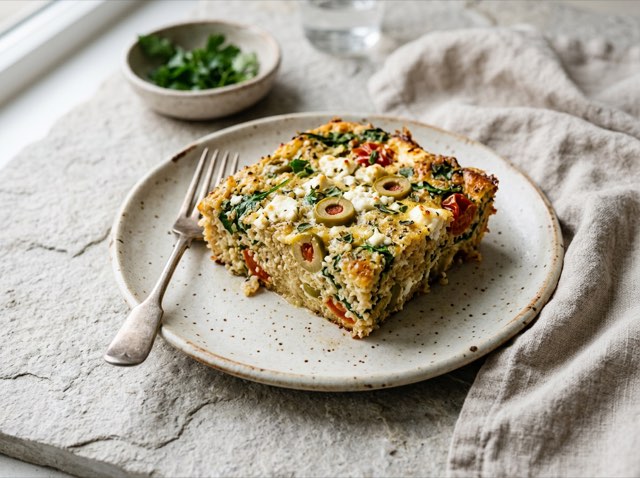 Golden-brown Mediterranean quinoa breakfast bake with melted feta, sliced olives, and rich tomato swirl in a baking dish.