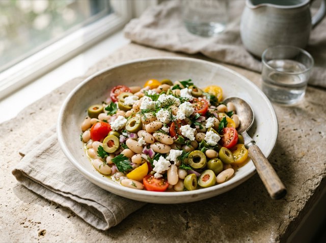 Mediterranean white bean and olive salad tossed with red tomato dressing and topped with crumbled goat cheese.