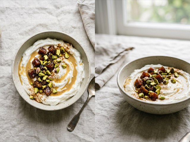 Two Greek yogurt bowls swirled with golden tahini, chopped Medjool dates, crushed pistachios, and cinnamon.