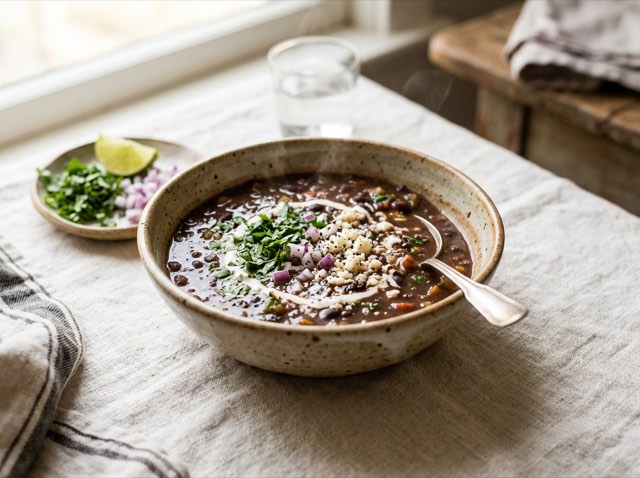 Bowls of Mexican black bean soup garnished with cracked black pepper and a drizzle of olive oil on a light table.