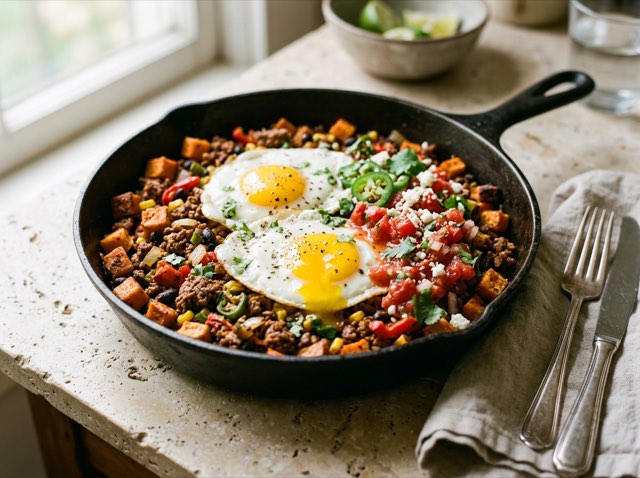Mexican ground beef and crispy sweet potato hash in a cast-iron skillet topped with sunny-side-up fried eggs and salsa.