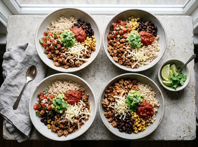 Four vibrant Mexican burrito bowls with seasoned ground turkey, brown rice, black beans, salsa, and melted cheddar.