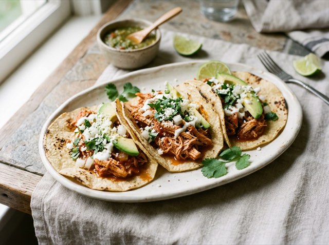 Shredded chicken tinga in warm tortillas topped with fresh herbs on a light ceramic plate.