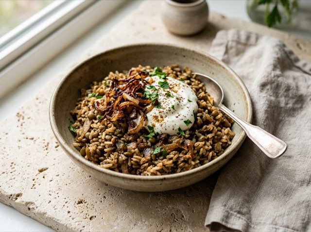 Bowl of spiced brown rice topped with cool plain yogurt and a pinch of ground cumin.