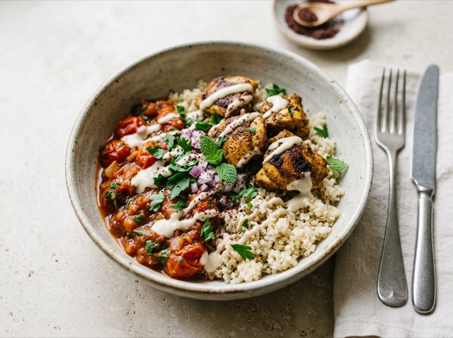 Middle Eastern chicken shawarma bowl with fluffy quinoa, juicy cherry tomato sauce, and creamy tahini drizzle.