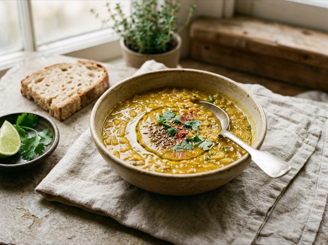 Golden spiced Middle Eastern soup in ceramic bowls finished with olive oil.