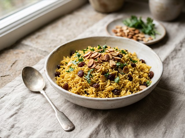 Vibrant yellow turmeric basmati rice in a shallow bowl topped with plump raisins and golden toasted sliced almonds.
