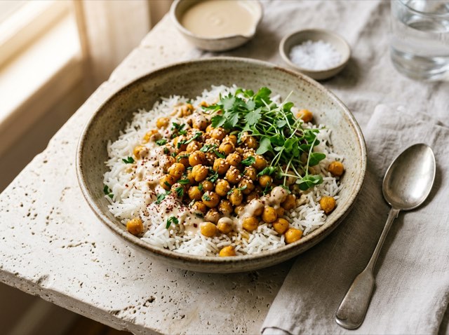Middle Eastern chickpea bowl with basmati rice, microgreens, and drizzled tahini dressing in a ceramic dish.