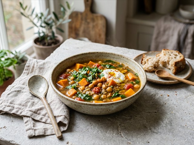 Bowls of Moroccan sweet potato and chickpea soup with diced tomatoes and warm spices.