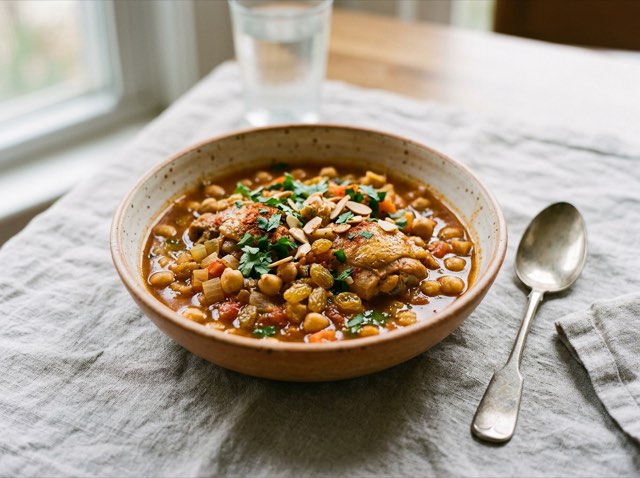 Moroccan chicken and chickpea stew with tomatoes and raisins in a shallow ceramic bowl.