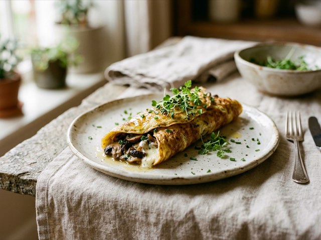 A golden French rolled omelet garnished with microgreens, showing a creamy goat cheese and mushroom filling.