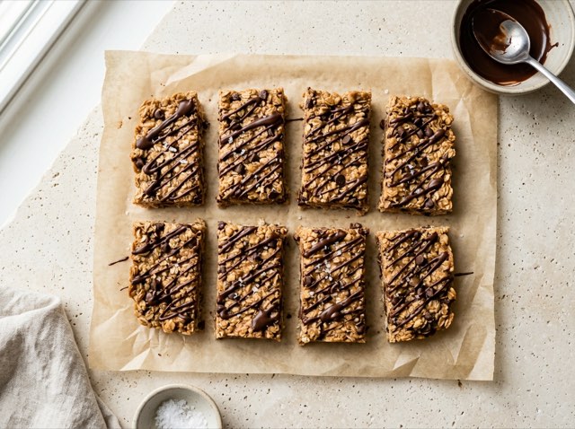 Neatly sliced chewy no-bake peanut butter oatmeal bars with glossy dark chocolate drizzle on parchment paper.