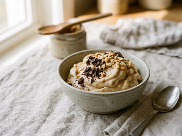 Swirled peanut butter banana nice cream scooped into small ceramic dessert bowls and topped with dark chocolate chips.