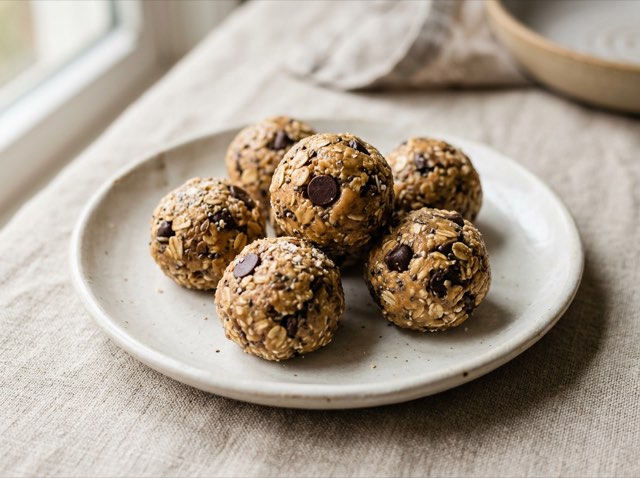 A small stack of round peanut butter chocolate chip oat energy bites on a ceramic plate.