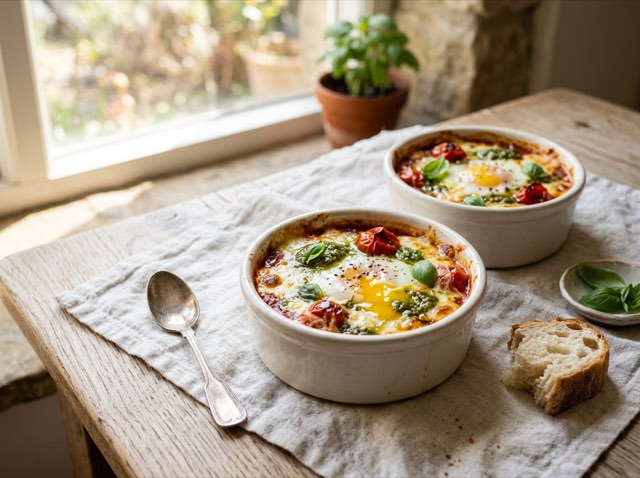 Two ramekins with baked eggs, bubbling melted mozzarella, vibrant basil pesto, and rich cherry tomato sauce.