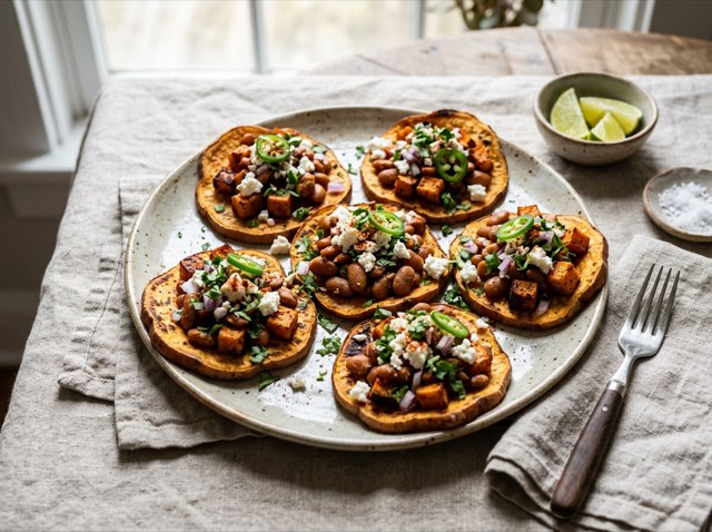 Sweet potato toast tacos topped with roasted sweet potato cubes, spiced pinto beans, salsa, and crumbled goat feta.