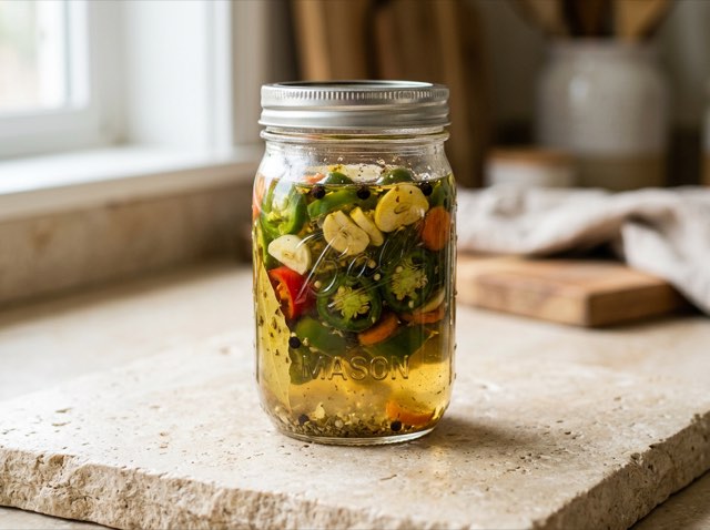 Glass jar filled with golden olive oil and vinegar pickling escabeche with garlic slices and herbs.