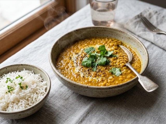 Golden spiced coconut dal served alongside fluffy steamed basmati rice in a shallow ceramic bowl.