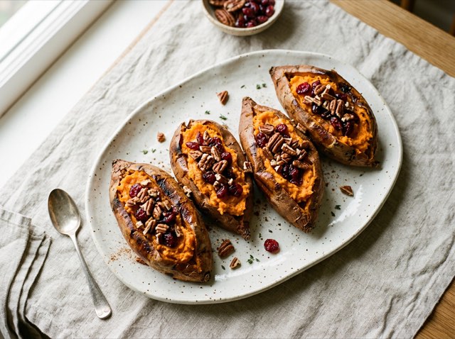 Four roasted sweet potato boats topped with whipped spiced potato, toasted pecans, and dried cranberries on a platter.