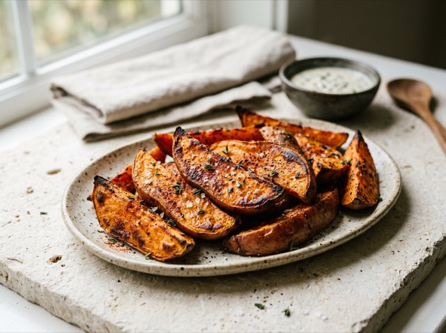 Golden roasted sweet potato wedges with spiced caramelized edges piled on a white ceramic serving platter.