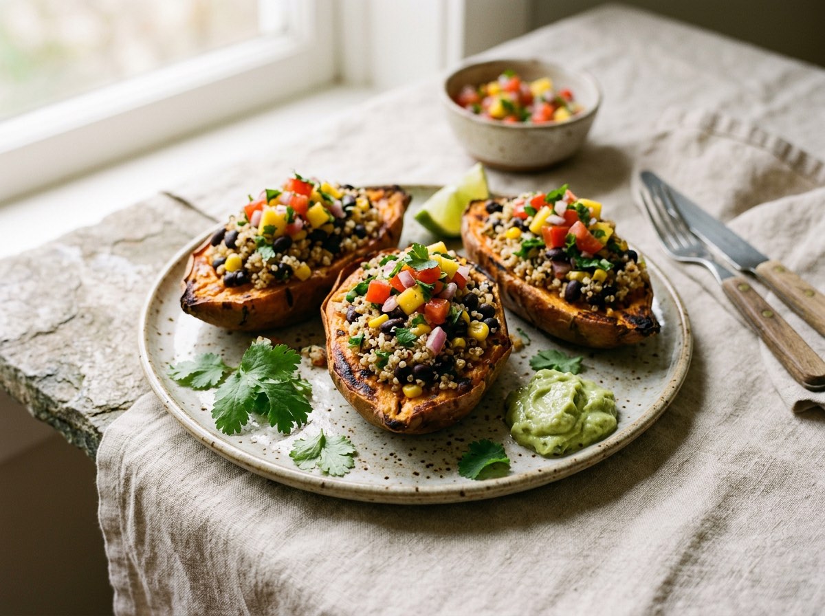 Roasted sweet potato boats filled with fluffy quinoa and black beans, finished with fresh red salsa.